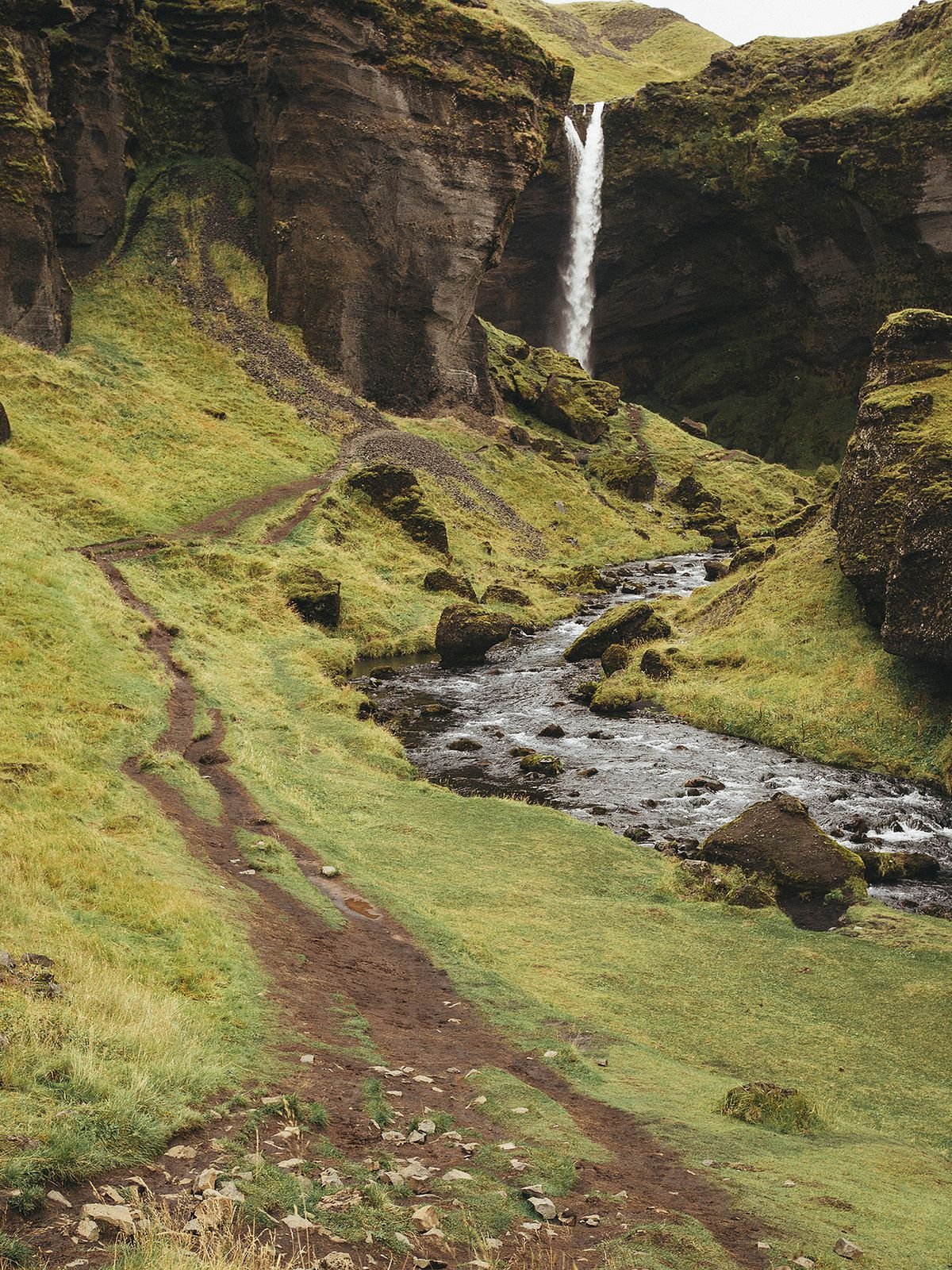 Islandsk vandfald i grønt klippelandskab